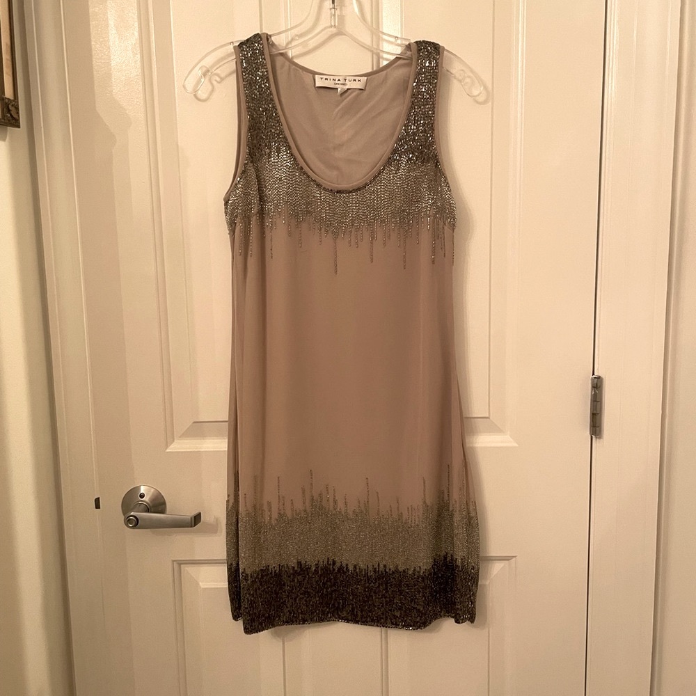 Trina Turk Champaign Colored Beaded Cocktail Dress (2)